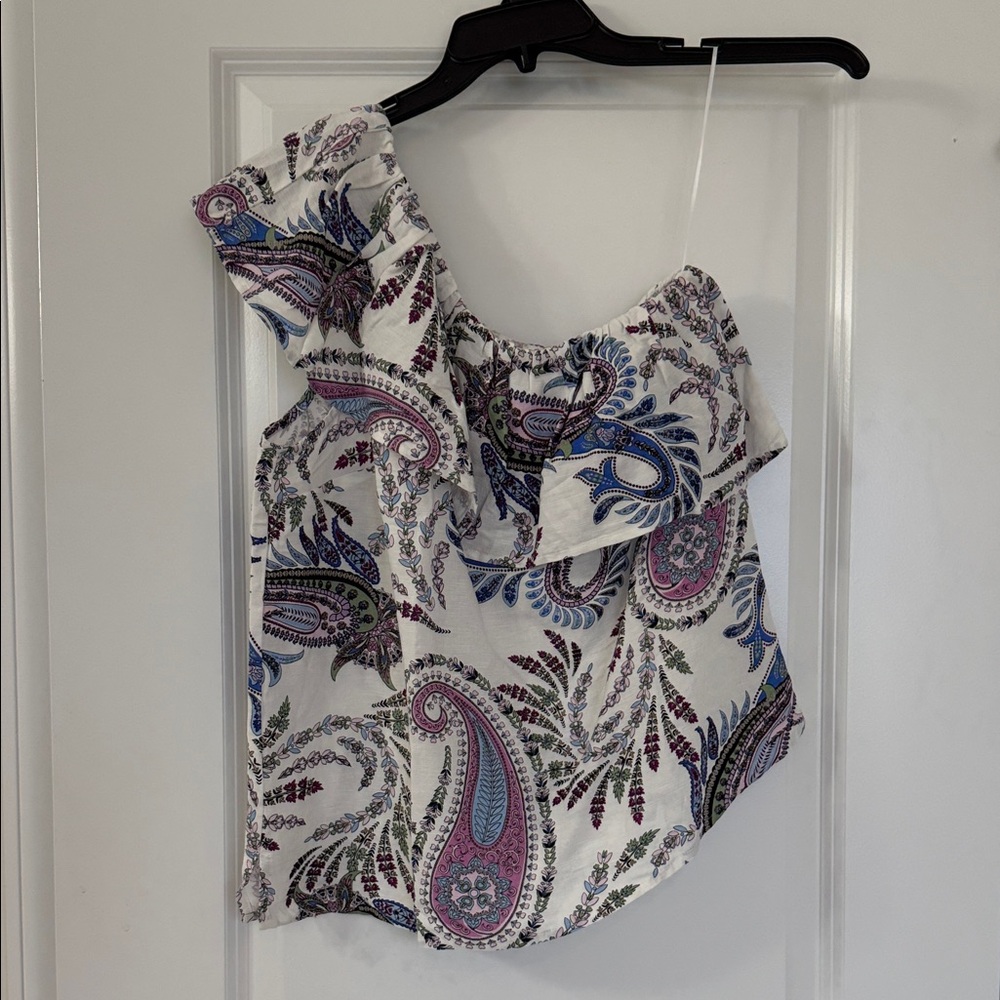 LOFT Paisley Ruffle One shoulder Blouse - White, Purple, Blue, Green and Pink